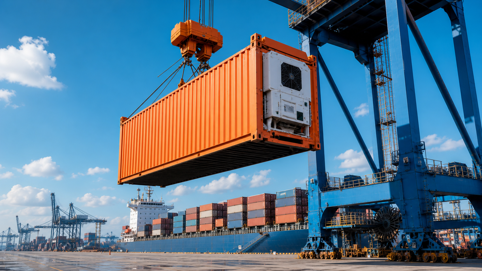 Contenedor refrigerado en operación portuaria de exportación