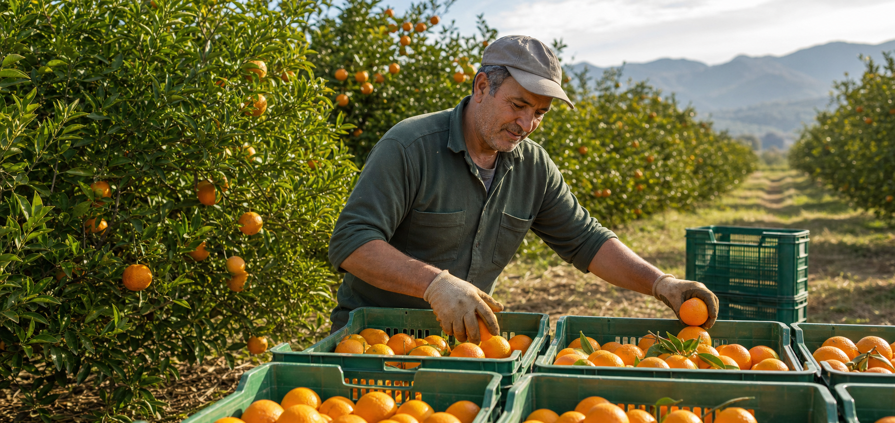 Productor organizando cajas de citricos en campo