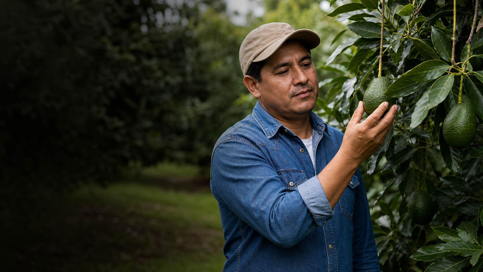 Productor revisando fruta fresca en campo